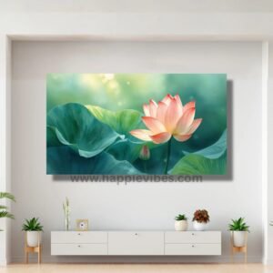 Happie Vibes Whispers of Serenity – Glowing Lotus Canvas Painting Artwork – Floral Wall Decor