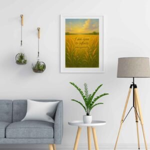 Happie Vibes infinity prosperity quote affirmational art with glowing bright paddy field background