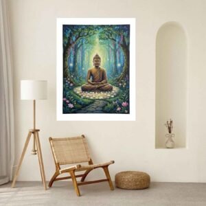 Happie Vibes Forest Enlightenment – Meditating Buddha Painting in Enchanted Forest – Spiritual Art