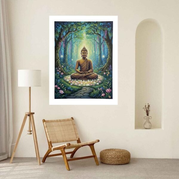 Happie Vibes Forest Enlightenment – Meditating Buddha Painting in Enchanted Forest – Spiritual Art