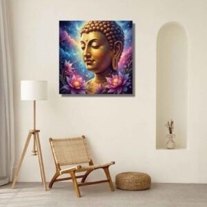 Happie Vibes Cosmic Serenity – Buddha Painting with Lotus Flowers – Meditation Art