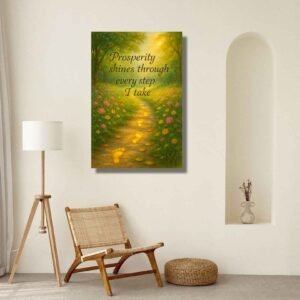 Happie Vibes Prosperity Affirmational Canvas Painting artwork with golden feet on bright garden path for abundance home decor