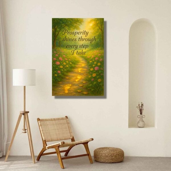 Happie Vibes Prosperity Affirmational Canvas Painting artwork with golden feet on bright garden path for abundance home decor