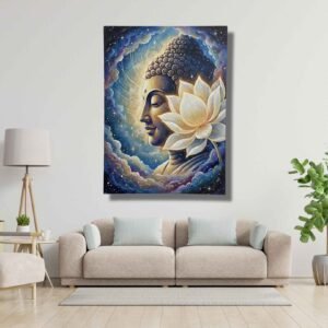 Happie Vibes Enlightened Radiance – Buddha Painting with Celestial Clouds and Lotus Flower – Spiritual Art