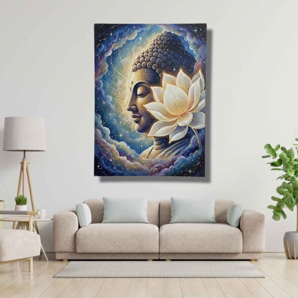Happie Vibes Enlightened Radiance – Buddha Painting with Celestial Clouds and Lotus Flower – Spiritual Art