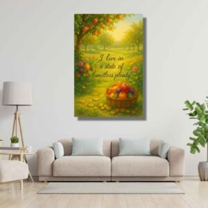 Happie Vibes Limitless Prosperity affirmational canvas painting artwork with bright garden flowers and golden coins for abundance home decor