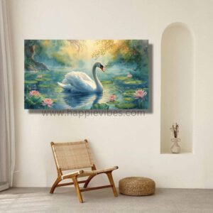 Happie Vibes Serene Reflection – Swan Wall Art – Tranquil Bird Painting on Lotus Pond