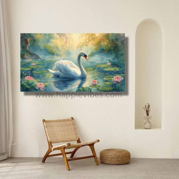 Happie Vibes Serene Reflection – Swan Wall Art – Tranquil Bird Painting on Lotus Pond
