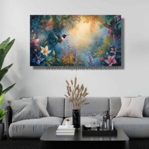 Happie Vibes Ethereal Sanctuary – Hummingbird Wall Art – Enchanted Floral Bird Paintin