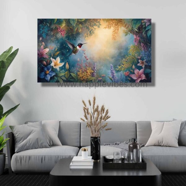 Happie Vibes Ethereal Sanctuary – Hummingbird Wall Art – Enchanted Floral Bird Paintin