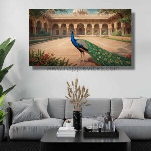Happie Vibes Royal Spectacle – Peacock Canvas Art – Majestic Bird Painting in Indian Courtyard