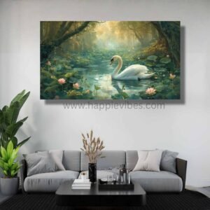 Happie Vibes Forest Lake Serenity – Swan Canvas Art – Woodland Bird Painting in Misty Forest Pond