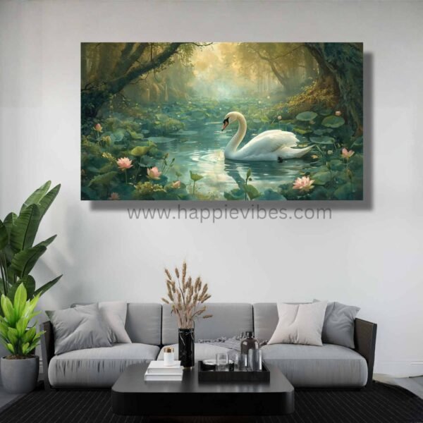Happie Vibes Forest Lake Serenity – Swan Canvas Art – Woodland Bird Painting in Misty Forest Pond