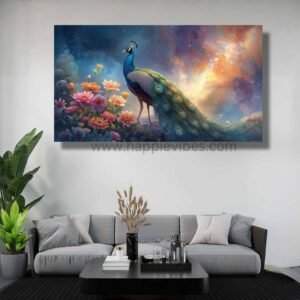 Happie Vibes Dawn of Majesty – Peacock Canvas Art – Radiant Bird Painting with Sky and Flowers