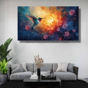 Happie Vibes Nectar of Light – Hummingbird Canvas Art – Fiery Bird Painting with Luminous Flowers
