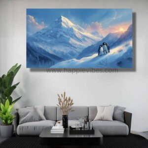 Happie Vibes Snowy Sanctuary – Penguin Canvas Art – Family Bird Painting in Mountain Snow