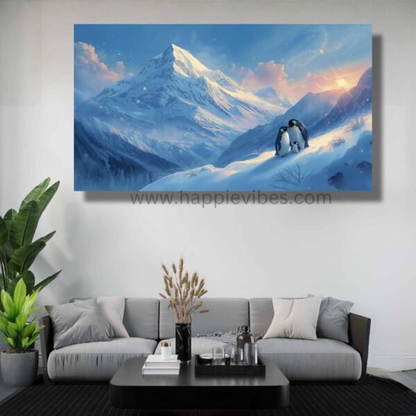 Happie Vibes Snowy Sanctuary – Penguin Canvas Art – Family Bird Painting in Mountain Snow