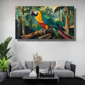 Happie Vibes Jungle Geometry – Macaw Canvas Art – Cubist Tropical Bird Painting