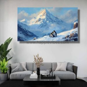Happie Vibes Arctic Embrace – Penguin Canvas Art – Family Bird Painting in Mountain Snow