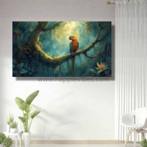 Happie Vibes Jungle Solitude – Parrot Nature Art in Misty Forest – Bird Painting