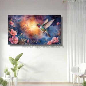 Happie Vibes Cosmic Nectar – Hummingbird Wall Art – Celestial Bird Painting with Flowers and Starlight
