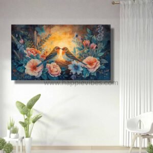 Happie Vibes Nest of Affection – Lovebirds Canvas Art – Romantic Bird Anniversary Gift Painting