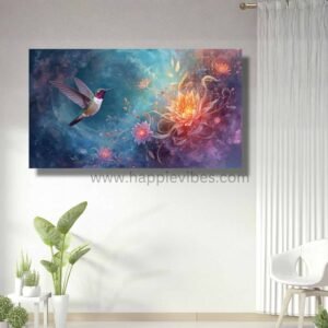 Happie Vibes Whispers of Delight – Hummingbird Canvas Art – Ethereal Bird Painting with Cosmic Blooms