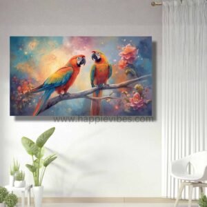 Happie Vibes Macaw Serenade – Colorful Birds Painting with Blossoms – Macaw Wall Art