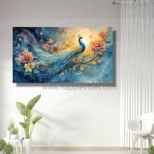 Happie Vibes Celestial Glory – Peacock Wall Art – Ethereal Bird Painting with Lunar Bloom