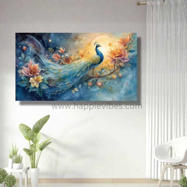 Happie Vibes Celestial Glory – Peacock Wall Art – Ethereal Bird Painting with Lunar Bloom