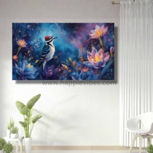 Happie Vibes Enchanted Woodland – Woodpecker Wall Art – Bird Painting with Mystic Blooms