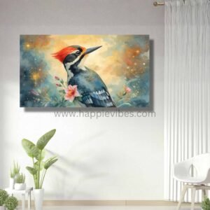 Happie Vibes Forest Guardian – Woodpecker Canvas Art – Whimsical Bird Painting with Starlit Blooms