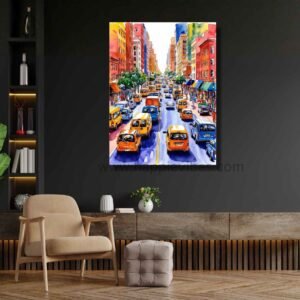 Happie Vibes Midtown Pulse – Watercolor Cityscape Art – Vibrant Urban Street Painting