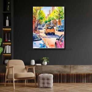 Happie Vibes Sunlit Boulevard – Summer Street Wall Art – Sunny Watercolor Home Decor Print
