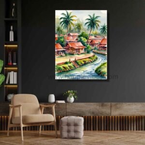 Happie Vibes Riverbend Serenity – Tropical Village Wall Art – River Landscape Home Decor Print