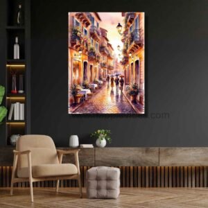 Happie Vibes Golden Hour Rendezvous – Romantic Street Wall Art – Cozy European Alley Painting