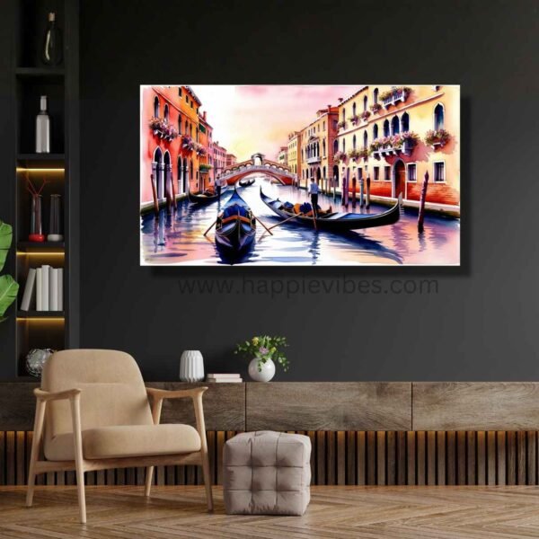 Happie Vibes Venetian Serenade – Venice Canal Wall Art – Romantic Gondola Watercolor Painting