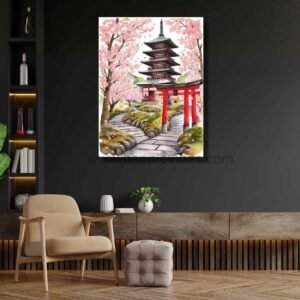 Happie Vibes Zen Spring Gateway – Japanese Garden Wall Art – Cherry Blossom Pagoda Print
