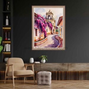 Happie Vibes Wisteria Way – European Street Wall Art – Romantic Bougainvillea Alley Painting