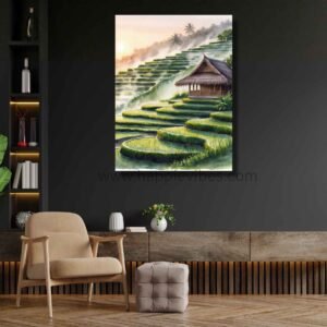 Happie Vibes Emerald Harvest – Rice Terrace Wall Art – Misty Morning Zen Landscape Print