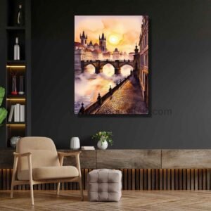 Happie Vibes Golden Prague Whisper – Prague Bridge Wall Art – Romantic Sunset Cityscape