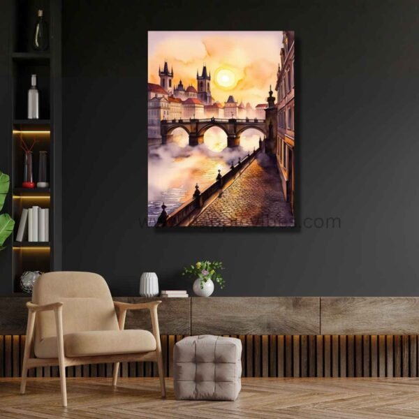 Happie Vibes Golden Prague Whisper – Prague Bridge Wall Art – Romantic Sunset Cityscape