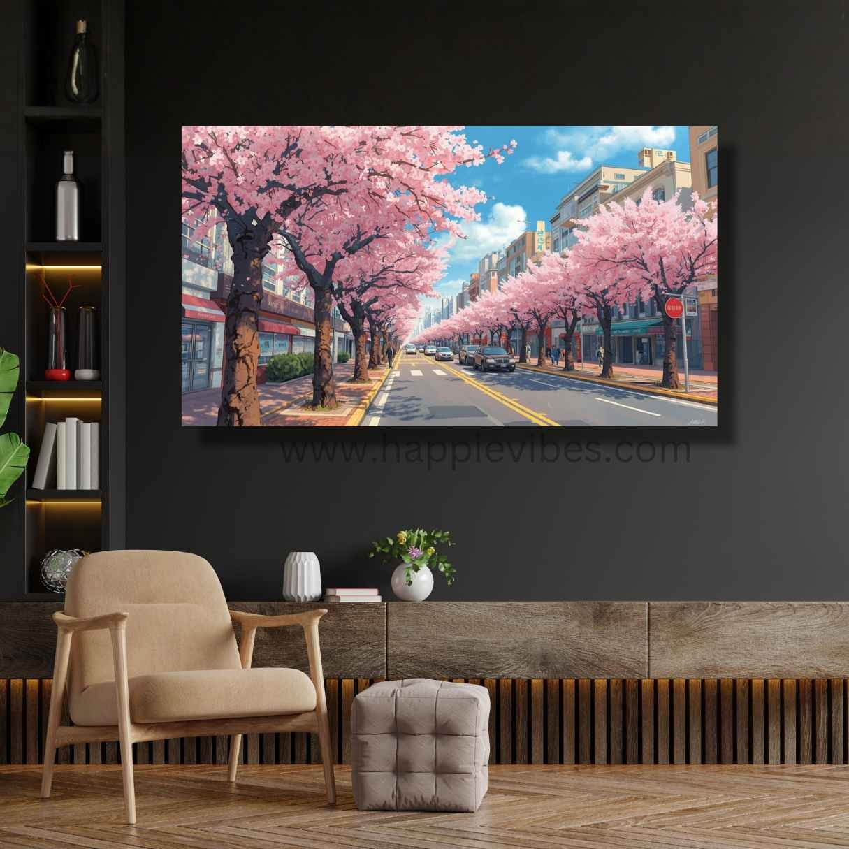 Happie Vibes Cherry Blossom Dreams – Cherry Blossom Wall Art – Pink Floral City Print