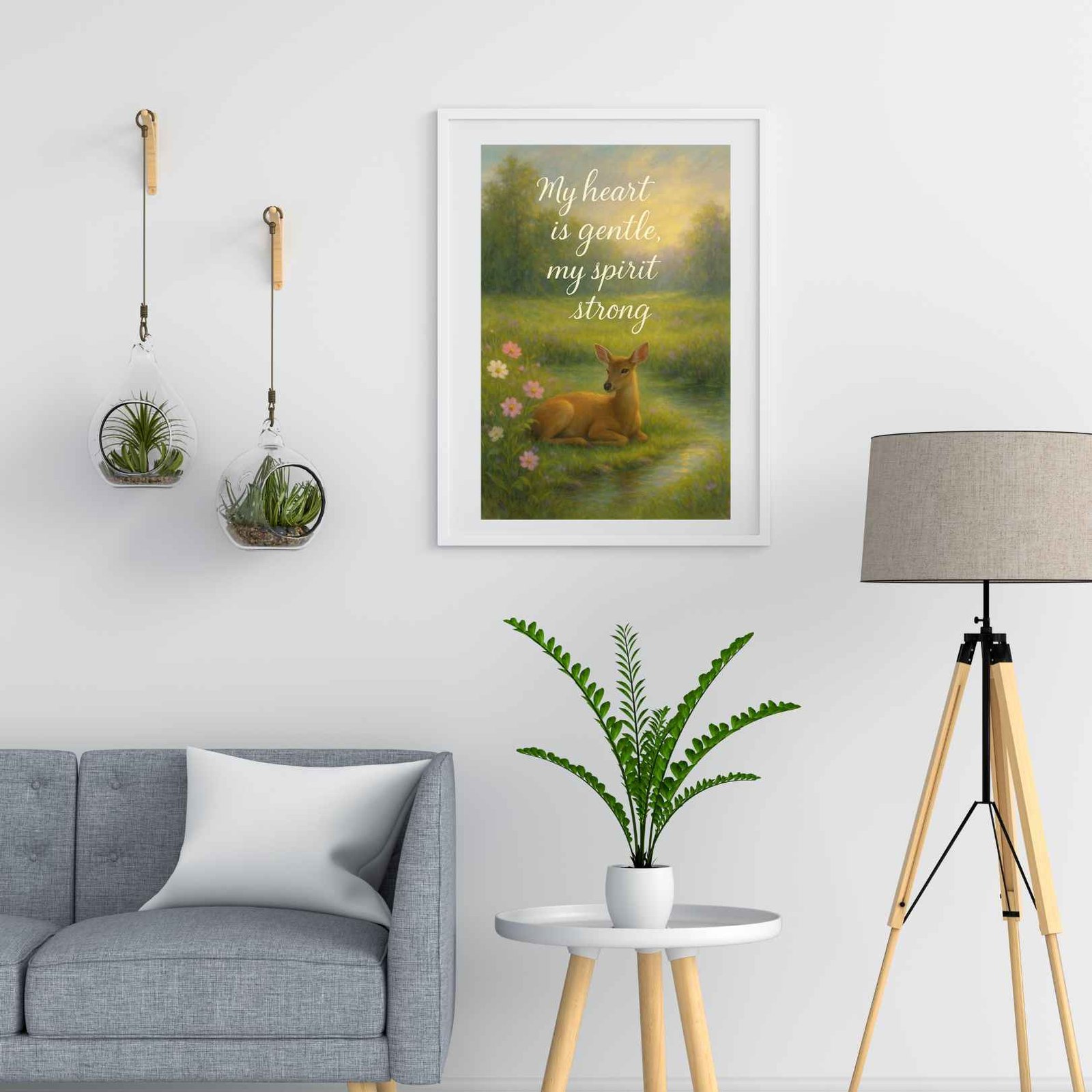 Happie Vibes whimsical deer canvas painting artwork with gentle affirmation quote for kids room decor