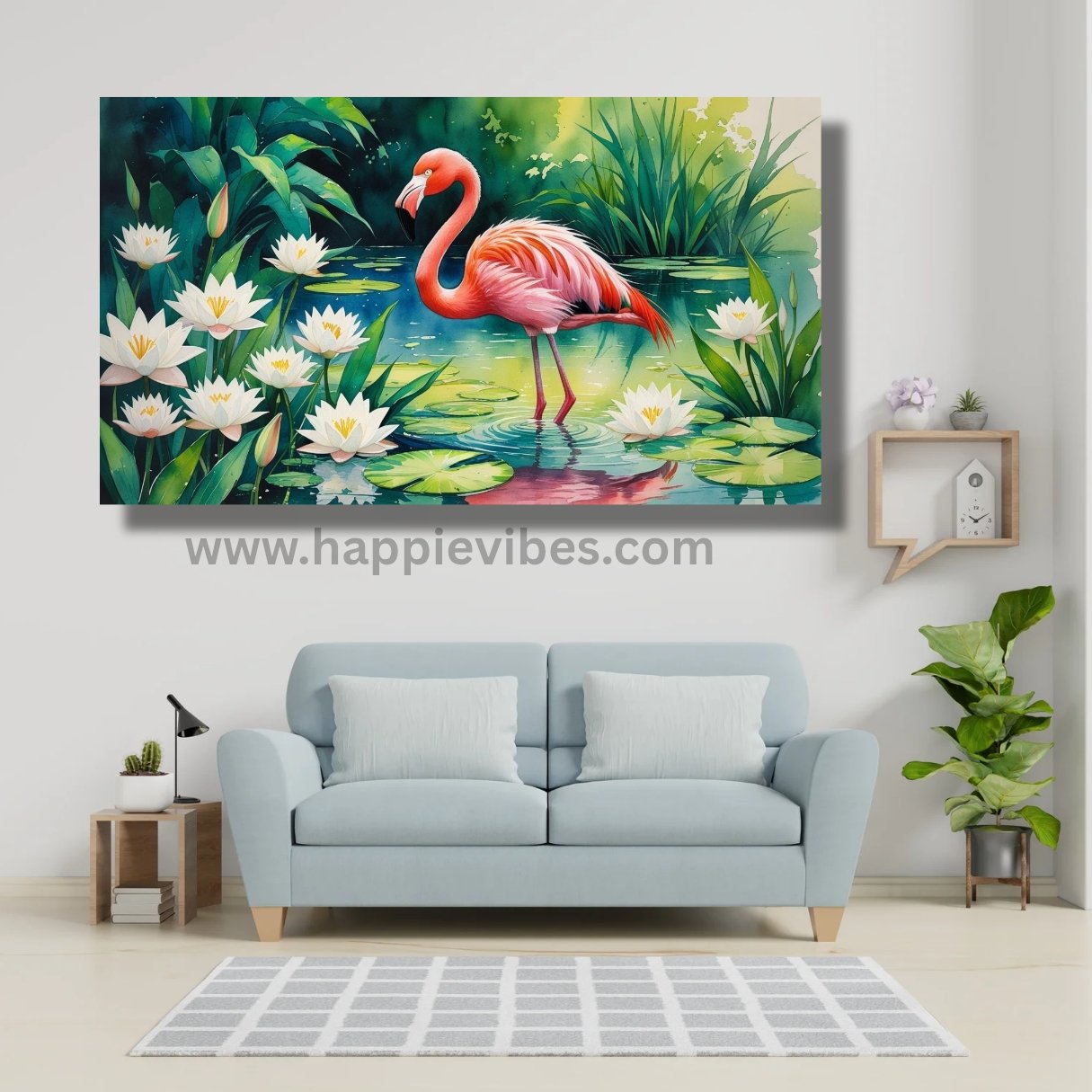 Happie Vibes Tropical Harmony – Flamingo and Lotus Pond Canvas Painting Artwork – Vibrant Floral Wall Art
